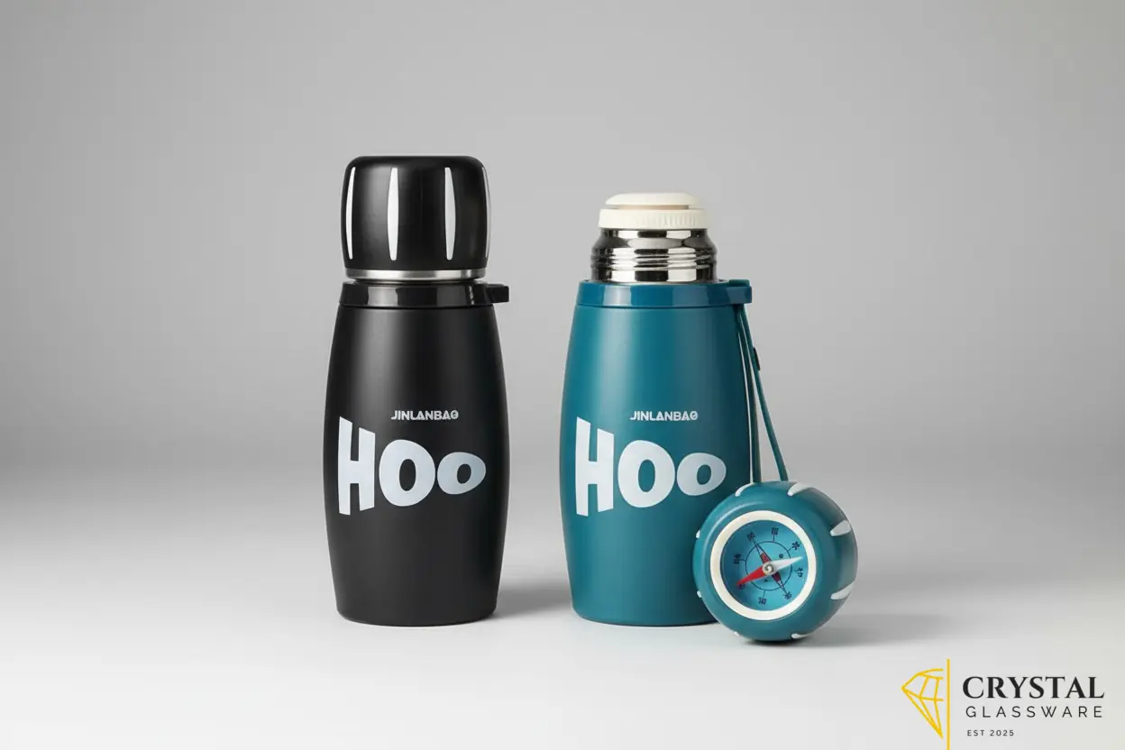 Jinlanbao vacuum-insulated stainless steel water bottle with a distinctive "Hoo" graphic and a built-in compass on the lid — Crystal Glassware Pakistan
